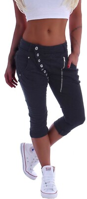 Mozzaar Damen Boyfriend Jeans Capri Baggy Kurze 3/4 Hose Knopfleiste Sommer B130
