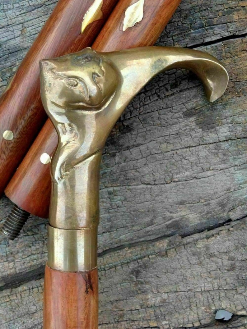 Vintage Solid Brass Cat Head Handle Victorian Can… - image 3