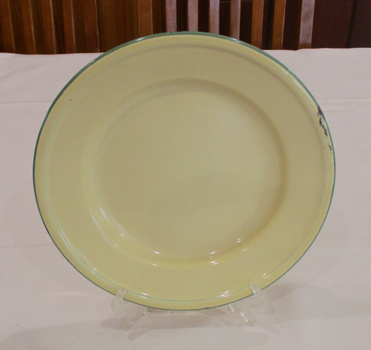 Vintage Cream with Green Trim Enamelware 24cm Dinner Plate