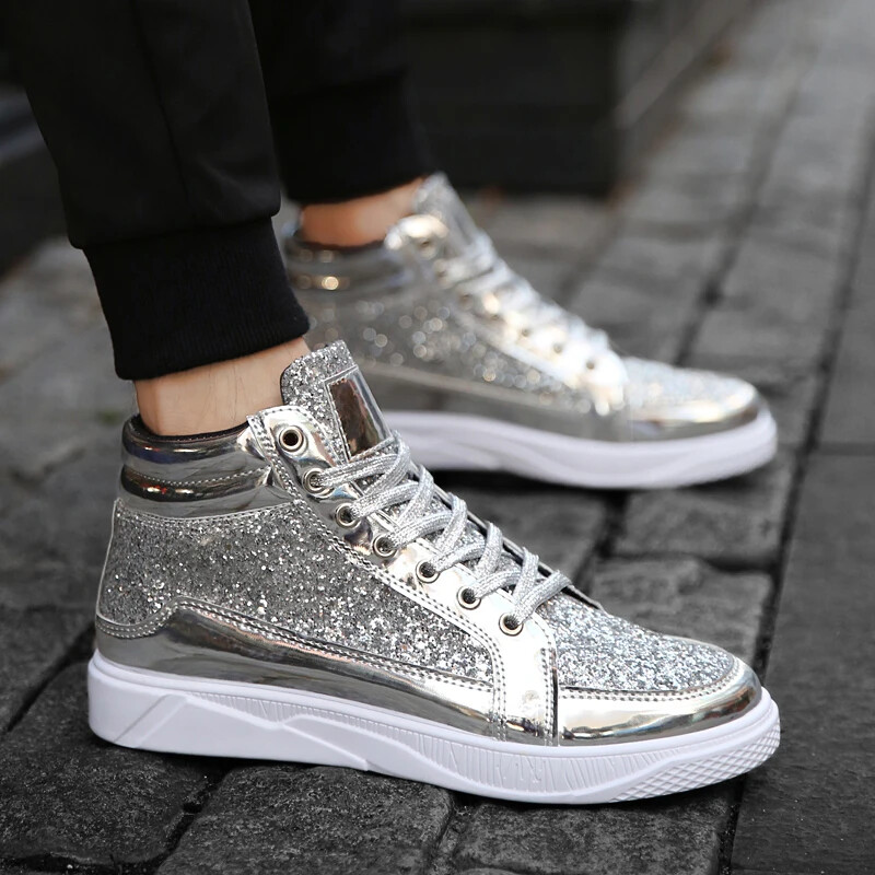 Men's High-Top Sports Shoes Glossy Round-Toe Casual Street Boots Tennis Sneakers