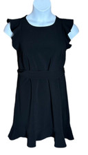 Loft  Women's Black Shift Dress Size 4 Cap Sleeve Ruffle Hem Back Zipper Career