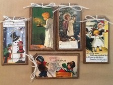 5 HANDCRAFTED Wood Christmas Ornaments/GiftTags/HangTags Vintage Children SETk1
