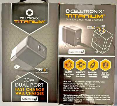 30W Dual Port Wall Charger GaN PD Rapid Charge 3X Faster Type-C Black