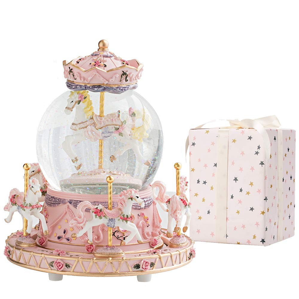 Gift Wrapped Music Box Carousel Horses Color Lights Unicorn Musical Snow Globe