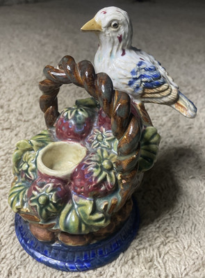 Vintage Majolica-Style Bird & Strawberry Ceramic Candlestick Holder - Portuguese