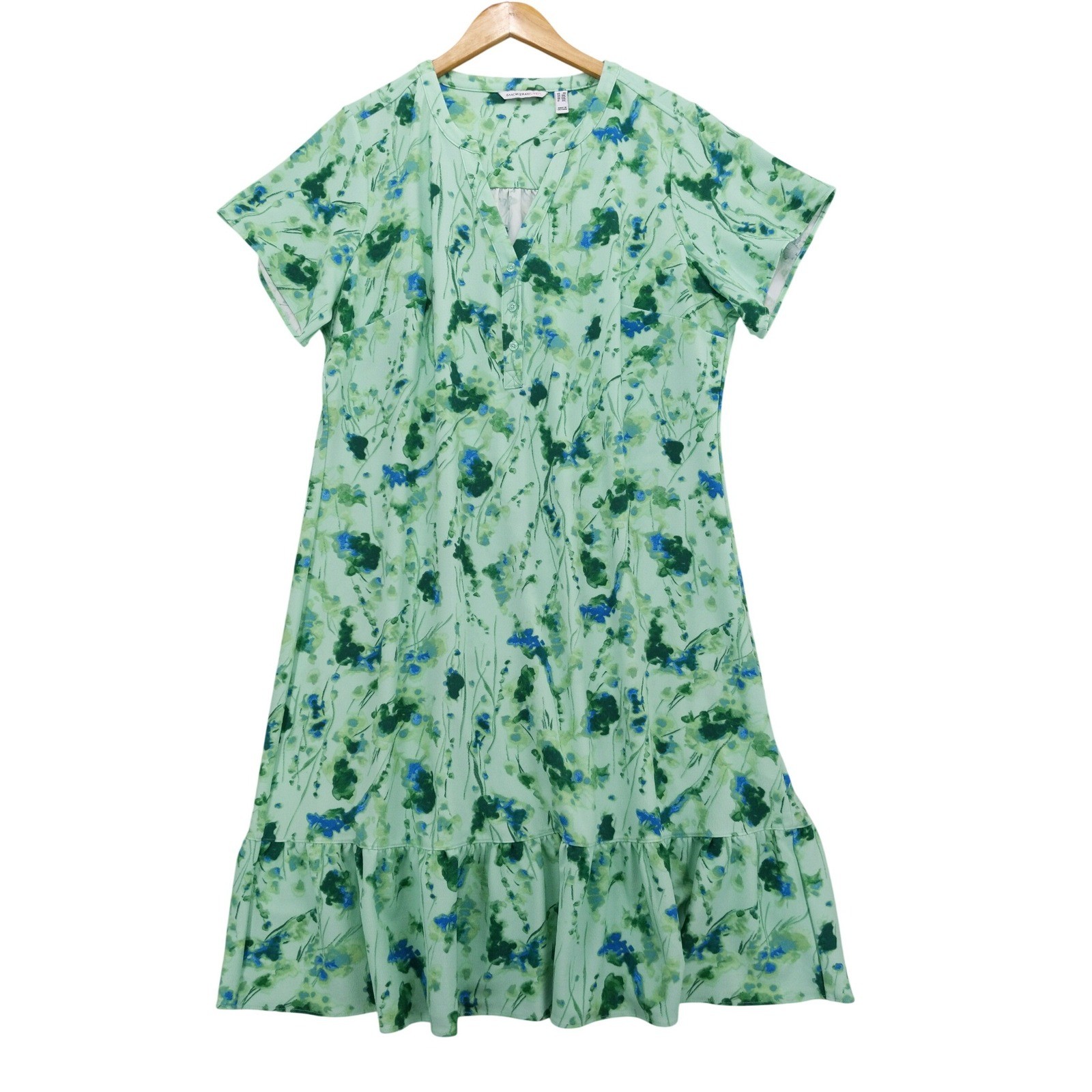 Isaac Mizrahi Live! Dress Womens 2X Green Floral Ruffle Hem Short Sleeve Button