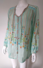 Johnny Was Boho Eyelet Embroidered Tie Peasant Festival tunic top Artsy Hippy XS