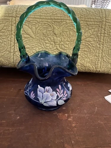fenton art glass. Large cobalt blue basket, 9 inches tall. Signed by George Fent