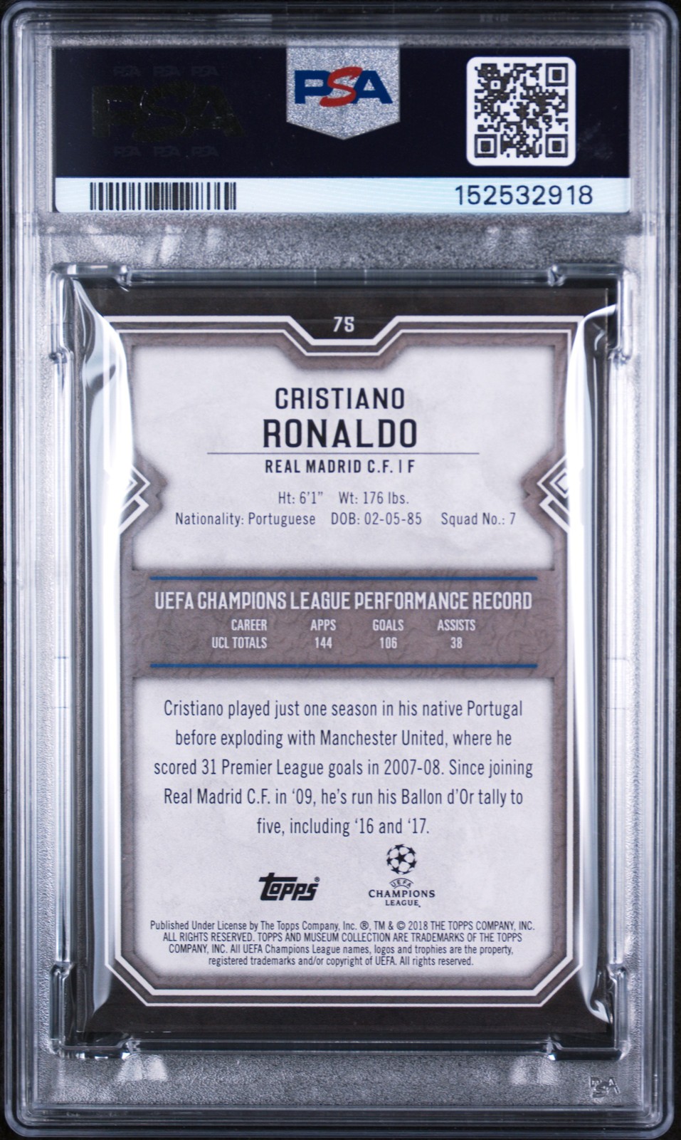 2017 TOPPS MUSEUM COLLECTION CHAMPIONS LEAGUE #75 CRISTIANO RONALDO PSA 8 view 2