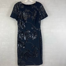Lauren Ralph Lauren Women's Sequin Floral Short Sleeve Navy Sheath Dress Size 8