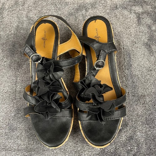 Jaclyn Smith Envie Black Floral Cork Wedge Sandals Womens 9M Slingback Shoes