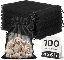 100Pcs Black Organza Bags 4X6 In,Small Mesh Drawstring Gift Bag
