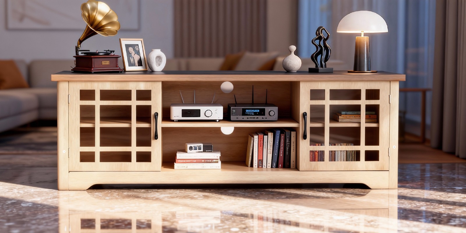 57.87 Inch TV Stand Double Glass Door Media Console Entertainment Center 65 Inch