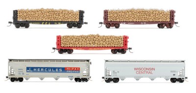 ATLAS 'N' SPURWEITE 5 VERSCHIEDENE PULPWOOD FLACH/4 BAY CENTERFLOW WAGGONS