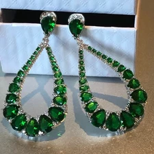 Natural Green Emerald 4Ct Pear Cut Women's Earrings 14K White Gold Plated Silver
