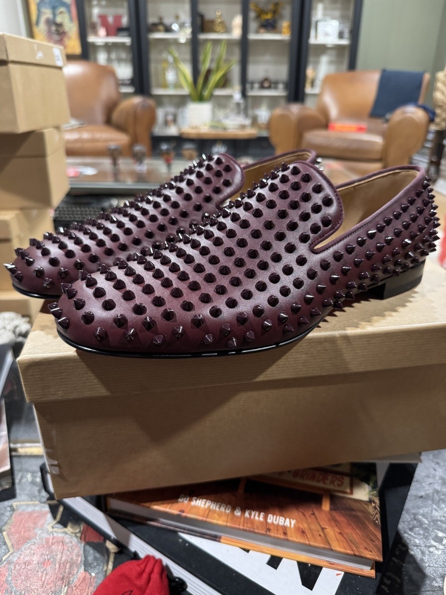 NEW Christian Louboutin Mens Rollerboy Spikes burgundy Flat Loafer US 