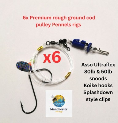 6x Riemenscheibe Pennel Premium Winter Dorsch Rig Koike Haken 80lb Splashdown Style Clips