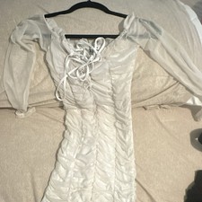 White Ruched Mesh Lace Up Off Shoulder Bodycon Mini Dress Long Balloon Sleeve