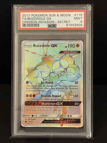 Pokemon PSA 9 Buzzwole GX Secret Rare 2017 115/111 Crimson Invasion