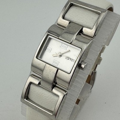 Esprit Quartz Watch Women Silver White Wide Rectangle Leather Analog New Battery