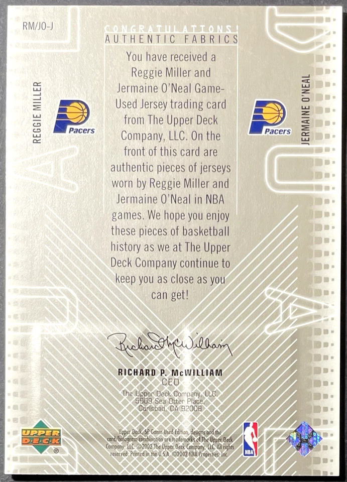 ( /100 ) Reggie MIller Jermaine O'Neal 2002-03 SP Game Used Fabrics Dual Pacers - Image 2 of 2