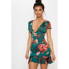 Pretty Little Thing Emerald Green Floral Criss Cross Back Frill Hem Dress 4