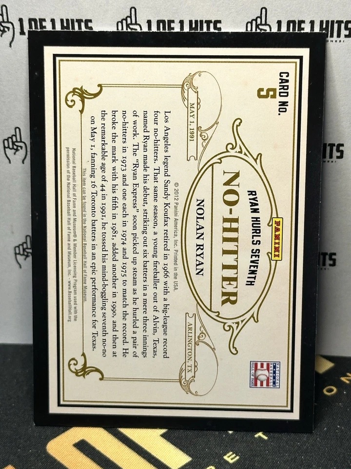 2012 Panini Cooperstown Famous Moments Nolan Ryan #5 Hurls 7th No-Hitter Texas - Image 2 of 2