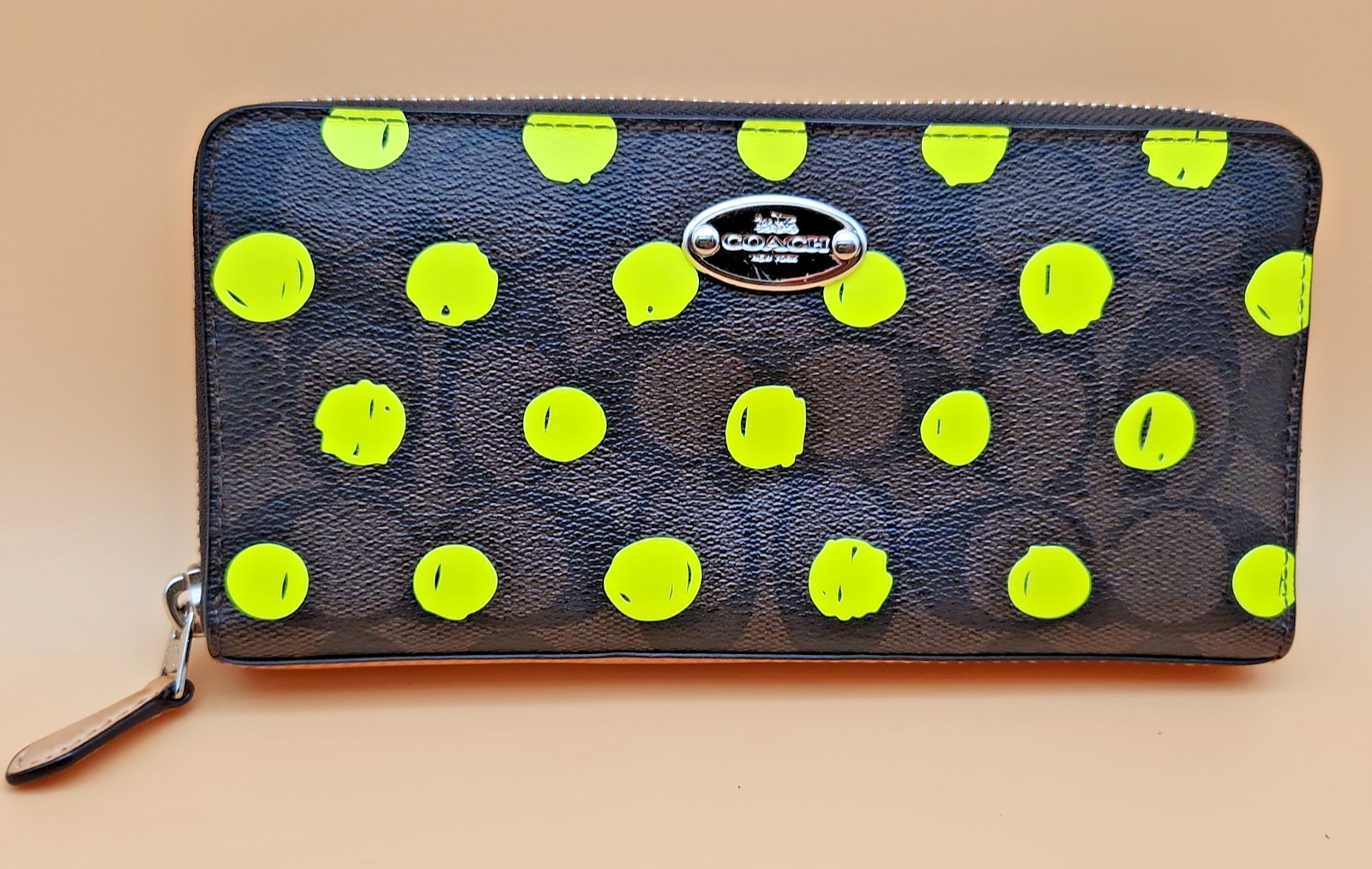 Coach Signature C Brown Neon Green Polka Dot PVC Leather Wallet