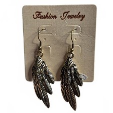 Gold Tone Layered Feather Dangle Drop Earrings Boho Western Tribal Hook New