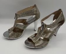 Michael Kors Platform Heels 7.5 Sparkle Glitter  T Strap Berkley Silver Prom Wed