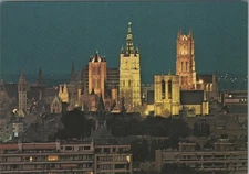 Gent Belgium Night Skyline St. Nicholas & St. Bavo Postcard 4x6 UNP
