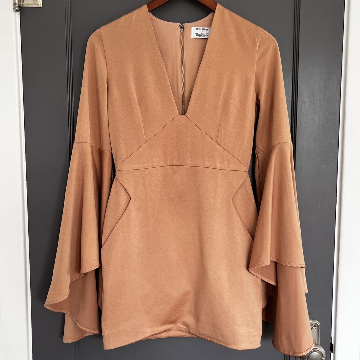 RUNAWAY THE LABEL Beige Mini Dress Long Bell Sleeves V-Neck Pockets Size  Small S | eBay