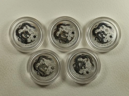 2012 Australia Lot of 5 - 1/2 oz. Year of the Dragon  .999 Silver Rounds BU