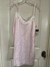 NEW 60 Ralph Lauren Pink Paisley White Floral Lace Trim Satin Nightgown Medium