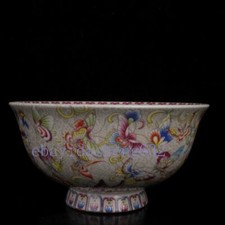 4.7" Collect Chinese Famille Rose Porcelain Animal Butterflylotus Flower Bowl