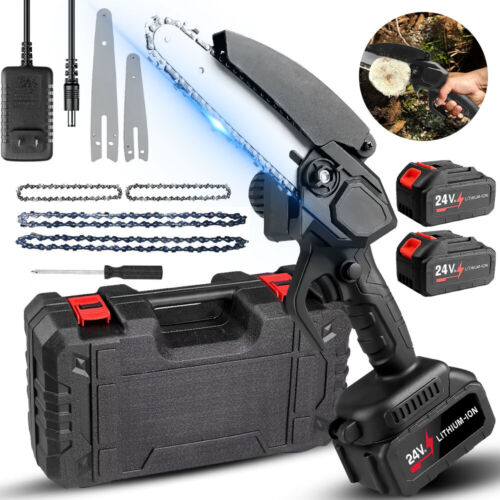 4"+6" Mini Handheld Electric Chainsaw Cordless Chain Saw Wood Cutter W/2 Battery