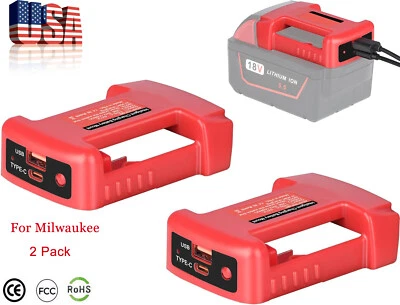 KUNLUN 2 Pack USB Charger Adapter for Milwaukee 18V Li-ion Battery with Type-C USB