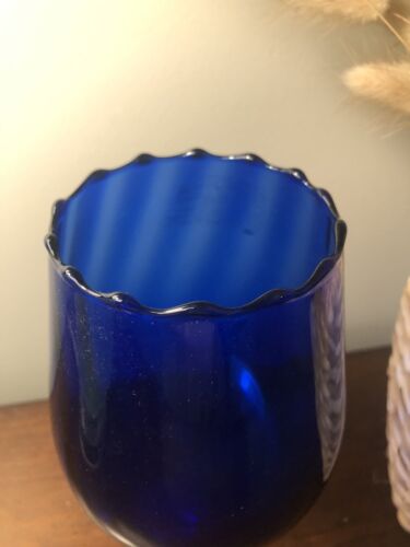 VTG EMPOLI OPTIC COBALT BLUE GLASS GOBLET FLUTED RIM SWIRL STEM HAND BLOWN 9" - Picture 3 of 7