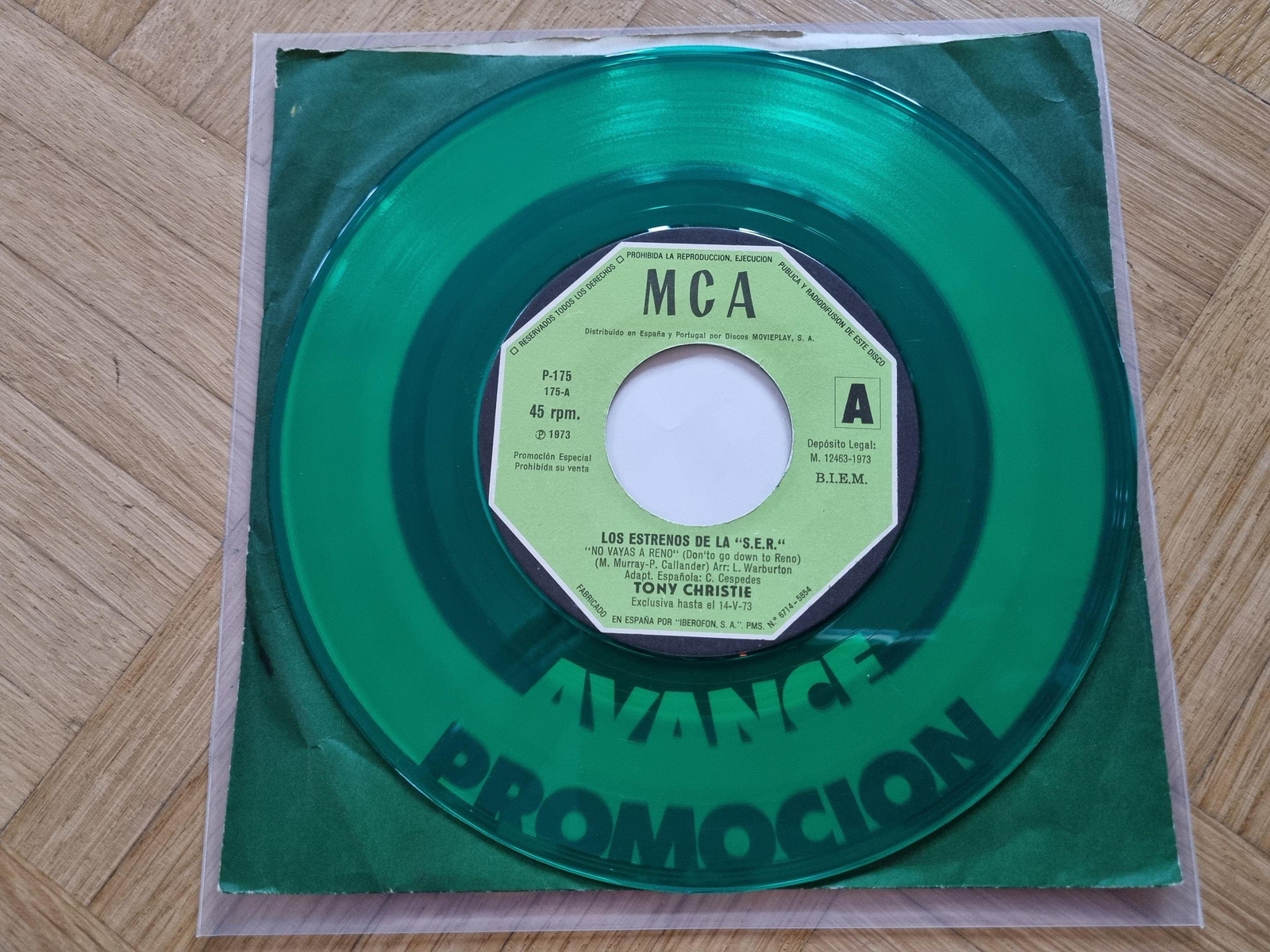 7"" Single Tony Christie - No vayas a Reno GREEN VINYL PROMO SUNG IN SPANISH