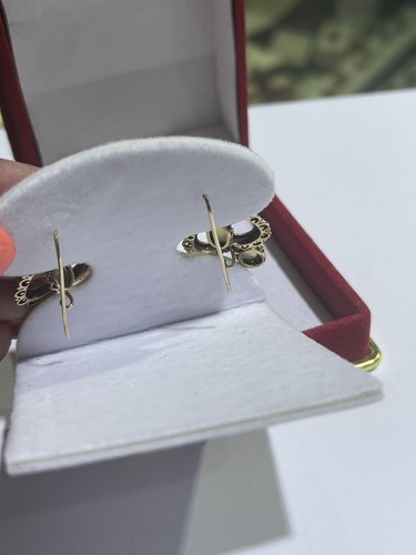 Antique 14k Yellow Gold Hearts Australian Fire Opal Dangle Earrings - Picture 11 of 15