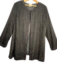Stenay Woman 3X Black Beaded Open-Front Silk Jacket Polyester Lining 3/4Sleeves