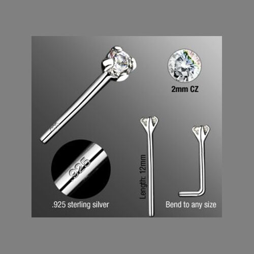 925 Sterling Silver Nose Stud Screw LBend Pin Studs 2mm - Photo 1 sur 1