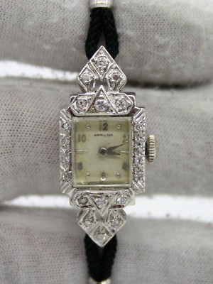 HAMILTON 14K WHITE GOLD ESTATE VINTAGE WATCH WITH DIAMONDS BLACK CORD  BRACELET