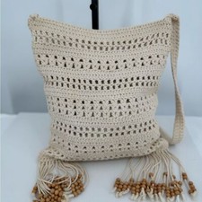 Unbranded Crocheted Crossbody with Fringe and Wood Beads, Cream