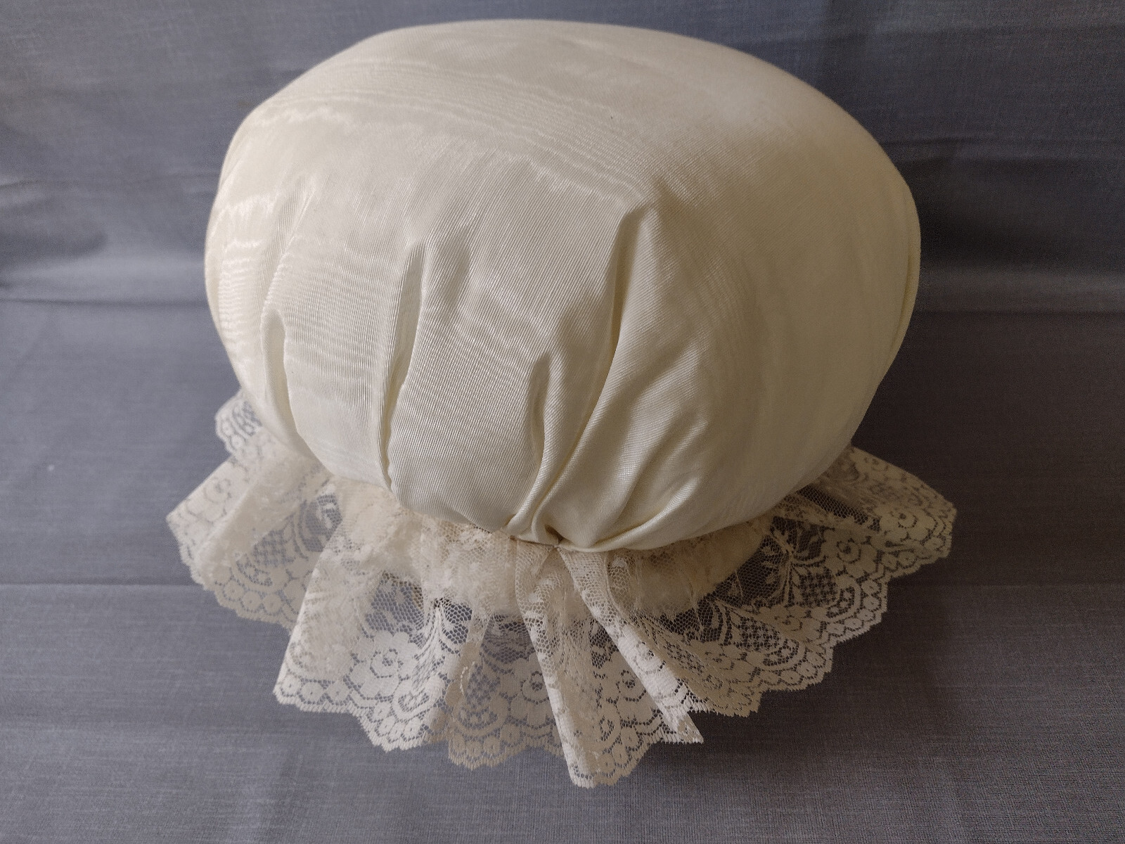 Sewing Basket Round Ornate Decorated White Lace Trim with Accessories