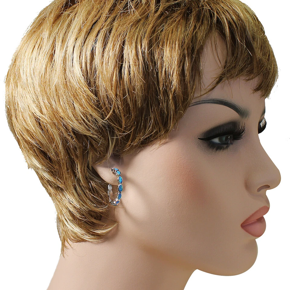 Pendientes de plata de ley .925 azul turquesa ópalo medio aro para mujer Foto 3 de 4