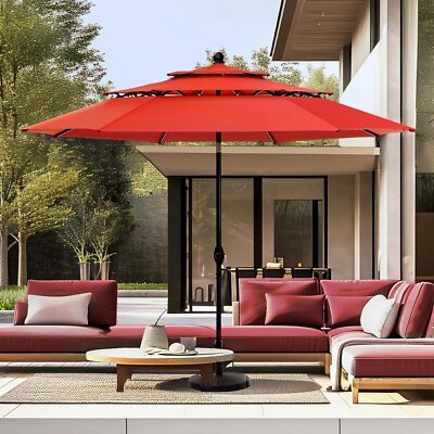 PHI VILLA 10ft Patio Umbrella Outdoor 3 Tier Vented (Orange Red)（No Base）