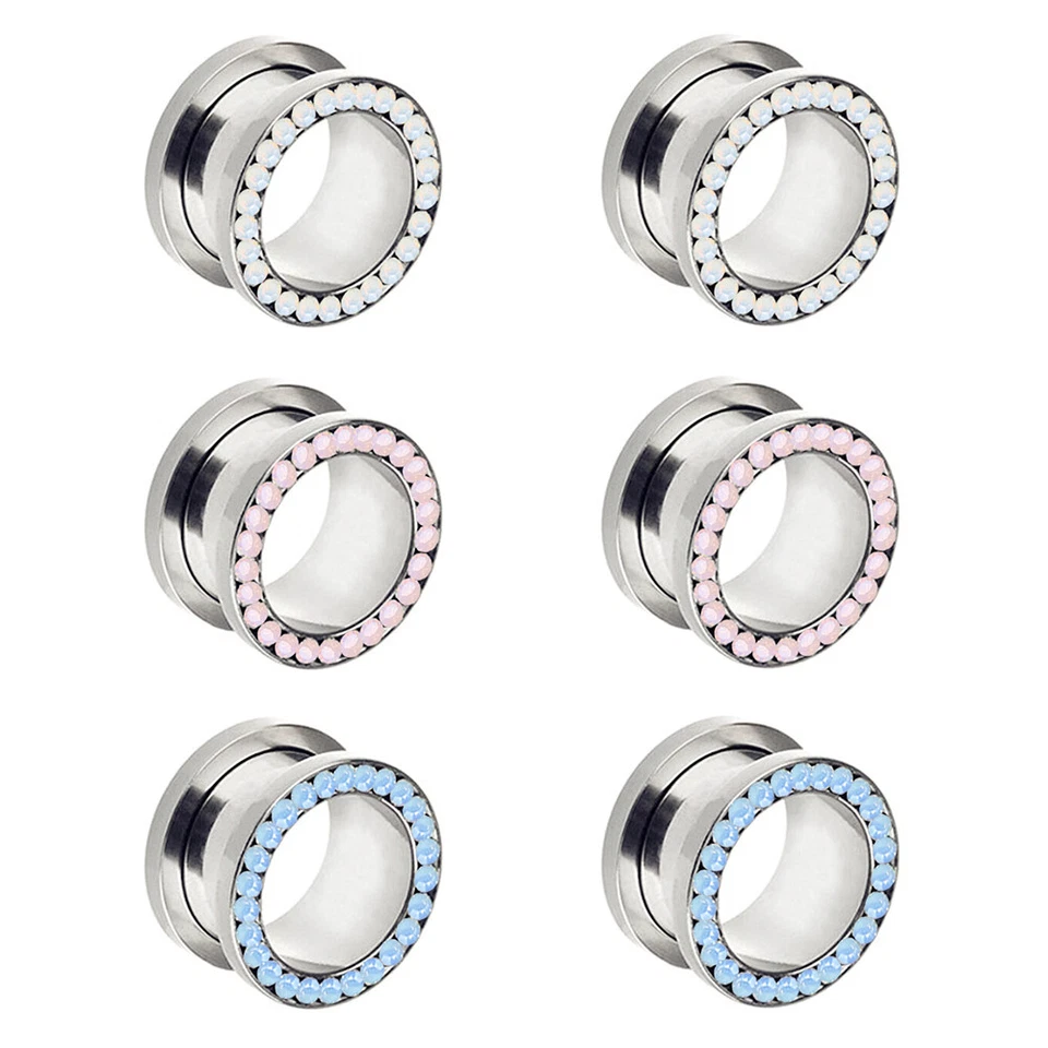 Paar Flesh Tunnel Plug Edelstahl Opalit Edelstein Ohr Piercing Stahl Kristall - Bild 2 von 4