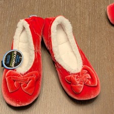 Snoozies Velvet Ballerina Pink Women's Slippers Bow Non-Skid Sole