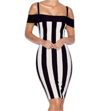 House of CB London Black White Striped Tiff Bodycon Dress Small Off Shoulder